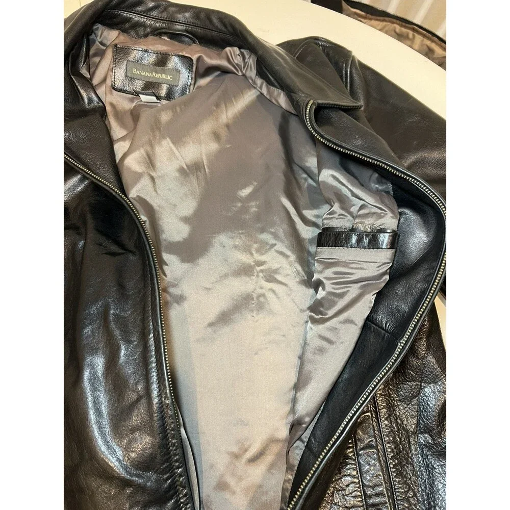 Banana Republic Leather Jacket, Sz Large, Black Motorcycle Full Zip Lined Bomber